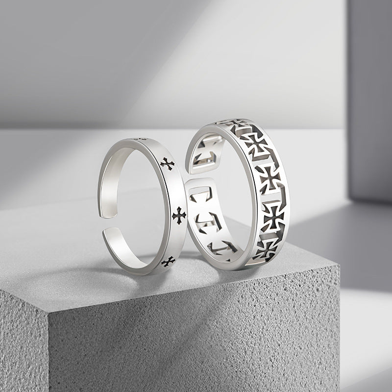 Cross Sterling Silver 925 Couple Ring Men and Women Niche Design Light Luxury Star Ring Ins Valentine's Day Ring