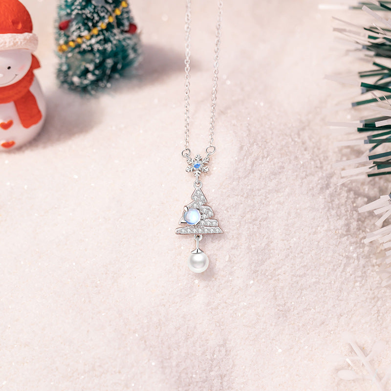 Sterling Silver Christmas Tree and Snowflake Necklace – Pearl Detail