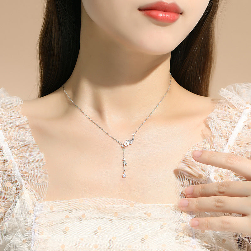 Sterling Silver Cherry Blossom and Butterfly Necklace – Zircon Accents