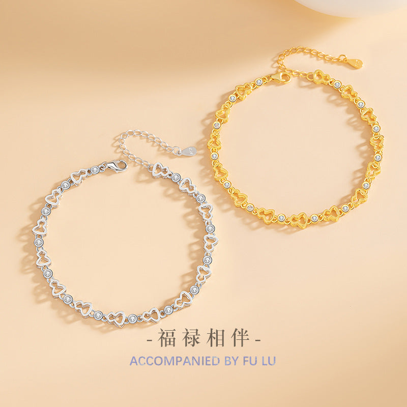Fu Lu Double Full Sterling Silver 925 Bracelet Women's Fashion Versatile Zircon Bracelet Ins Style Gourd High-Grade Bracelet