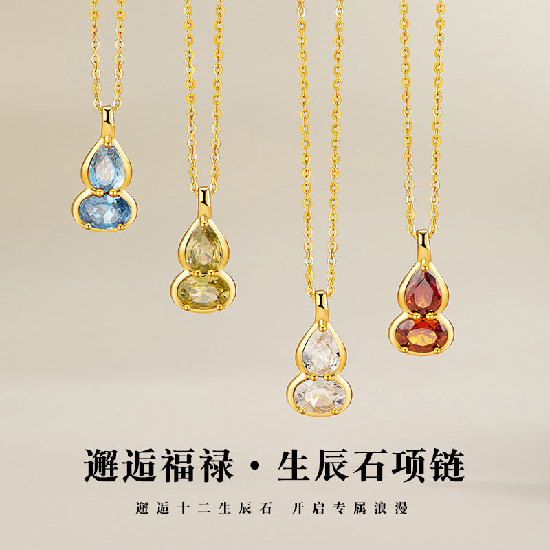 Gourd Sterling Silver 925 Necklace Light Luxury High-Grade Twelve Birthday Stone Clavicle Chain Ins Style Star Stone Zircon Pendant