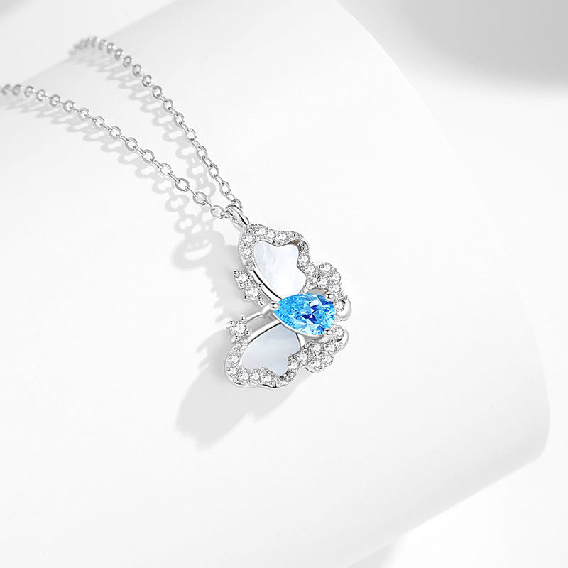 Original Butterfly Sterling Silver 925 Necklace Women's Fashion Versatile Ocean Blue Zircon Clavicle Chain Ins Style White Fritillary Pendant
