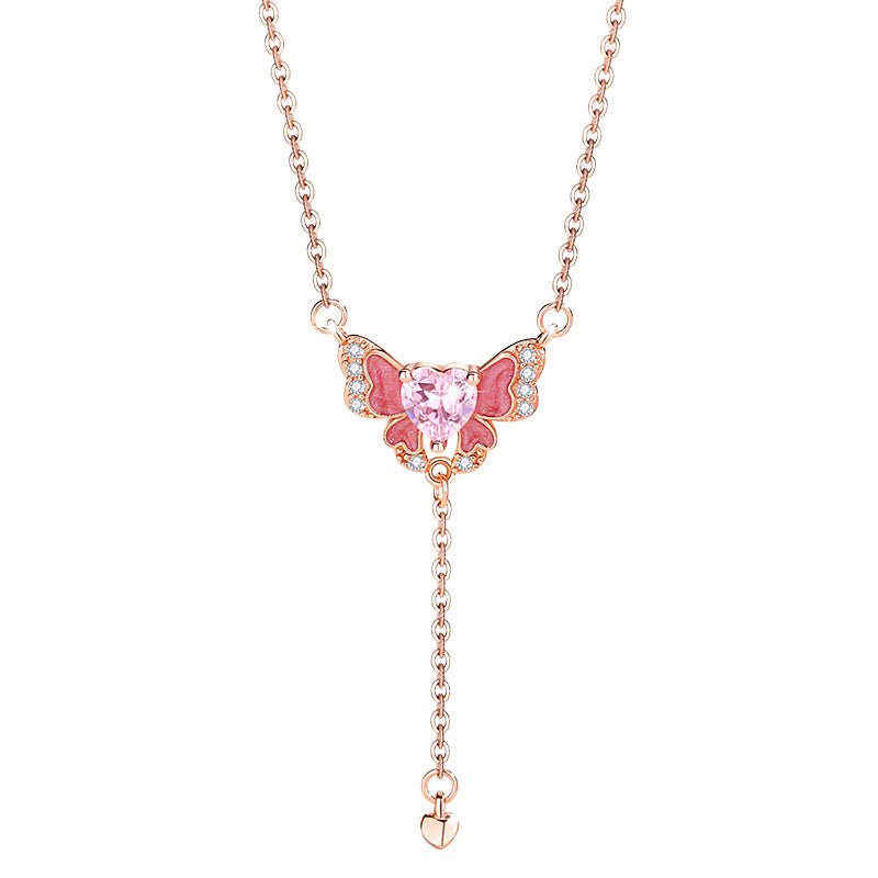 Butterfly Sterling Silver S925 Necklace Women's Fashion All-Match Pink Diamond Tassel Clavicle Chain Get Things Ins Style Love Pendant