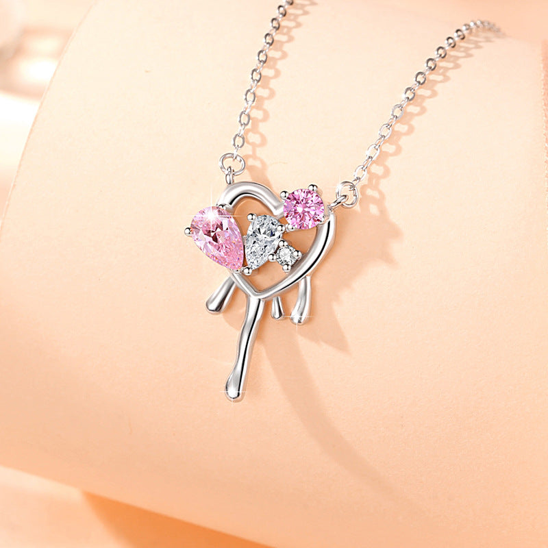 Lovely Sterling Silver 925 Necklace Women's Fashion All-Match Pink Diamond Clavicle Chain Valentine's Day Gift Key Zircon Pendant