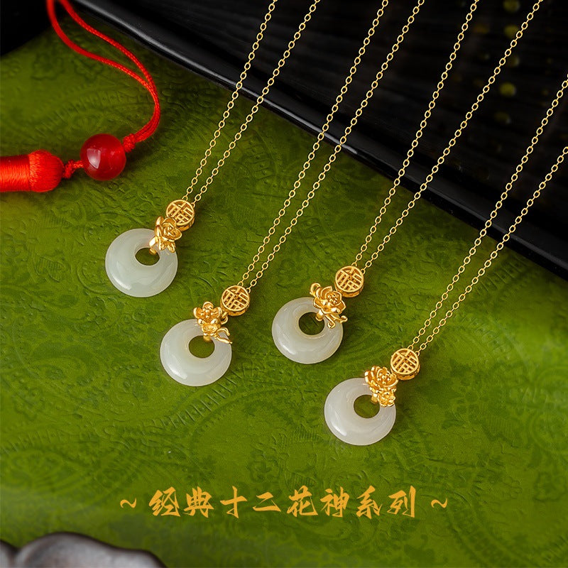 Collana in argento sterling 925 – fiore e disco e giada Hetian
