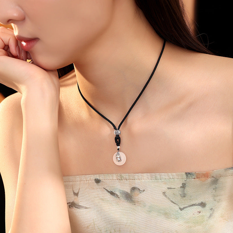 S925 Silver Jewelry National Style Couple's Safety Buckle Black Agate White Chalcedony Lucky Lucky Token Valentine's Day Gift