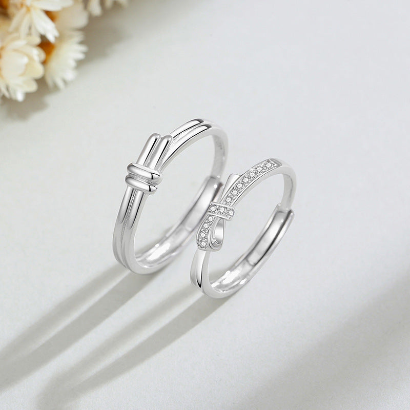 Original Double Knot Pure Silver 999 Couple Ring Men's and Women's Light Luxury High-Grade Zircon Ring Ins Bow Ring