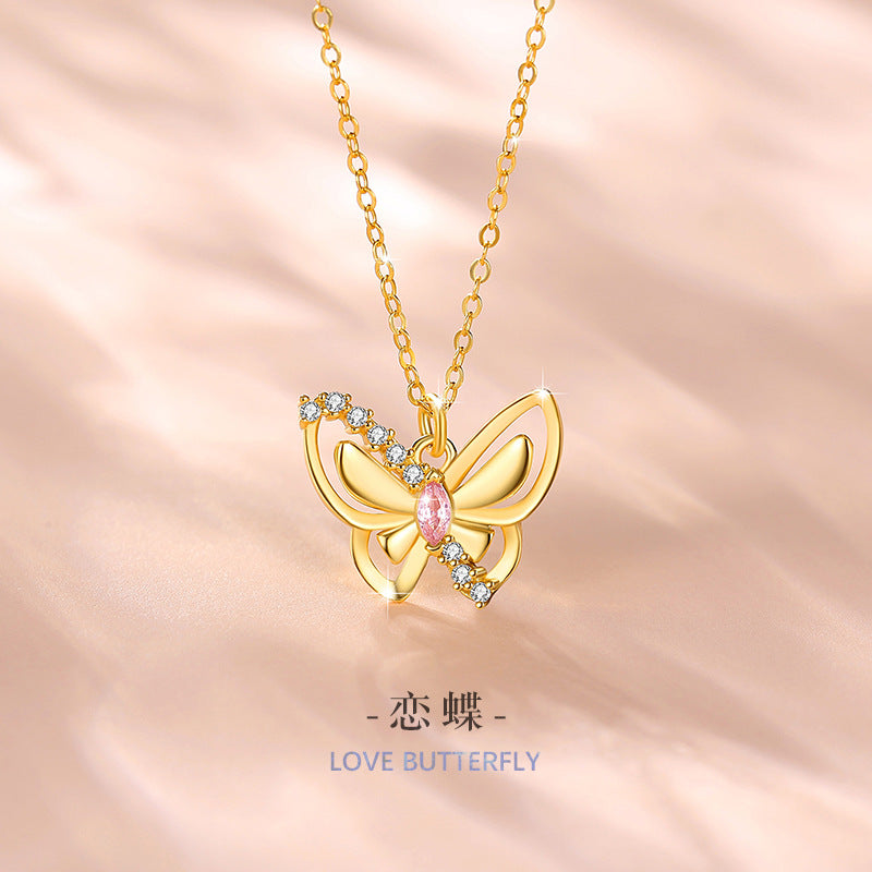 Butterfly Sterling Silver 925 Necklace Female Niche Design Light Luxury Pink Diamond Clavicle Chain Get Things Ins Style Wings Pendant