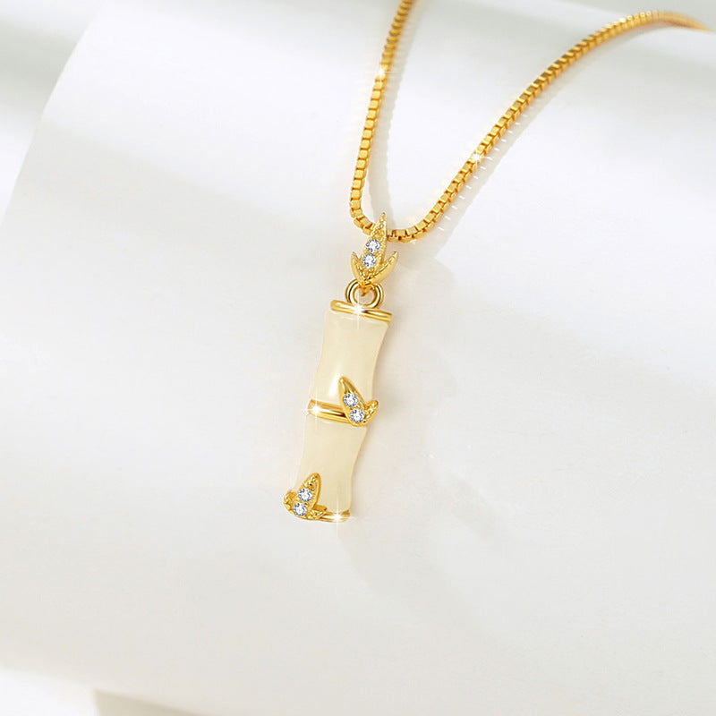 Festival High-Rise Hetian Jade Sterling Silver 925 Necklace National Fashion Ethnic Style Bamboo Clavicle Chain Ins Bamboo Zircon Pendant