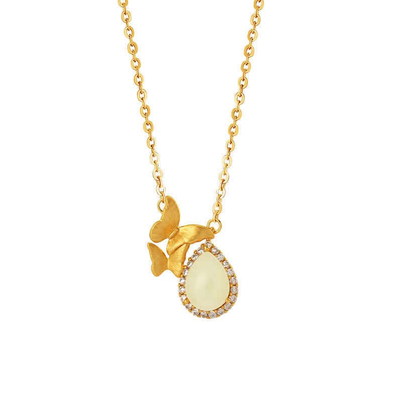 Brushed Butterfly S925 Sterling Silver Necklace Water Drop Hetian Jade Pendant National Style Niche Clavicle Chain Girls Holiday Gift