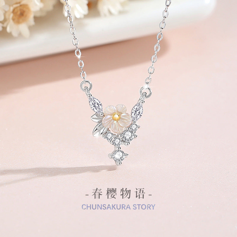 Cherry Blossom Sterling Silver 925 Necklace Female Niche Design Light Luxury Petal Zircon Clavicle Chain Get Things Ins Flower Pendant
