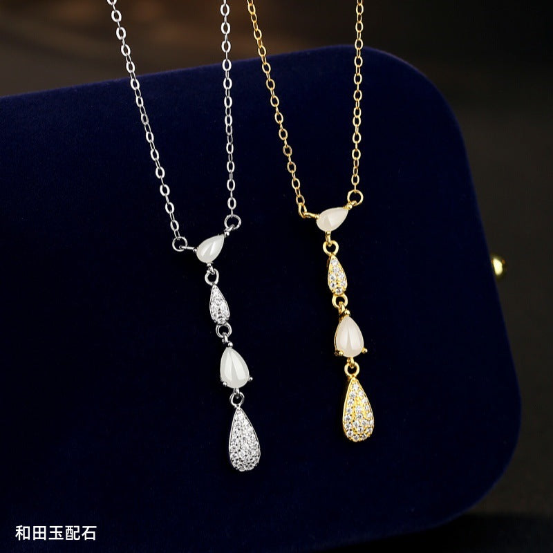 New Chinese Style Natural Hetian Jade White Chalcedony S925 Sterling Silver Necklace Elegant All-Match Water Drop Tears Tassel Clavicle Chain