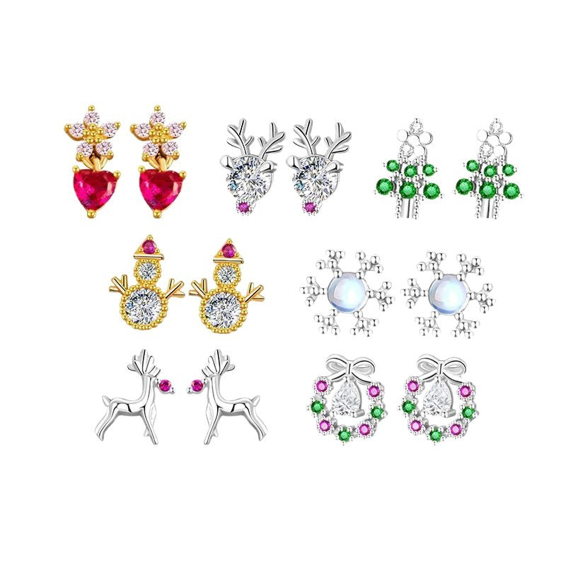 Christmas Tree Sterling Silver 925 Week Earrings Fashion Versatile Snowflake Lovely Earrings Ins Elk Bow Earrings