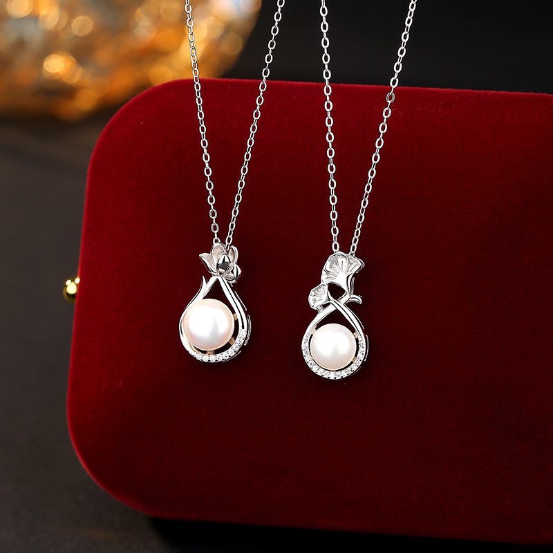 S925 Sterling Silver Necklace Women's National Style Flower Freshwater Pearl Pendant Light Luxury Clavicle Chain Mother's Day Silver Jewelry Gift