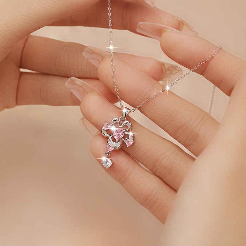 Flower Sterling Silver 925 Necklace Female Niche Design Light Luxury Tassel Clavicle Chain Get Things Ins Pink Love Pendant