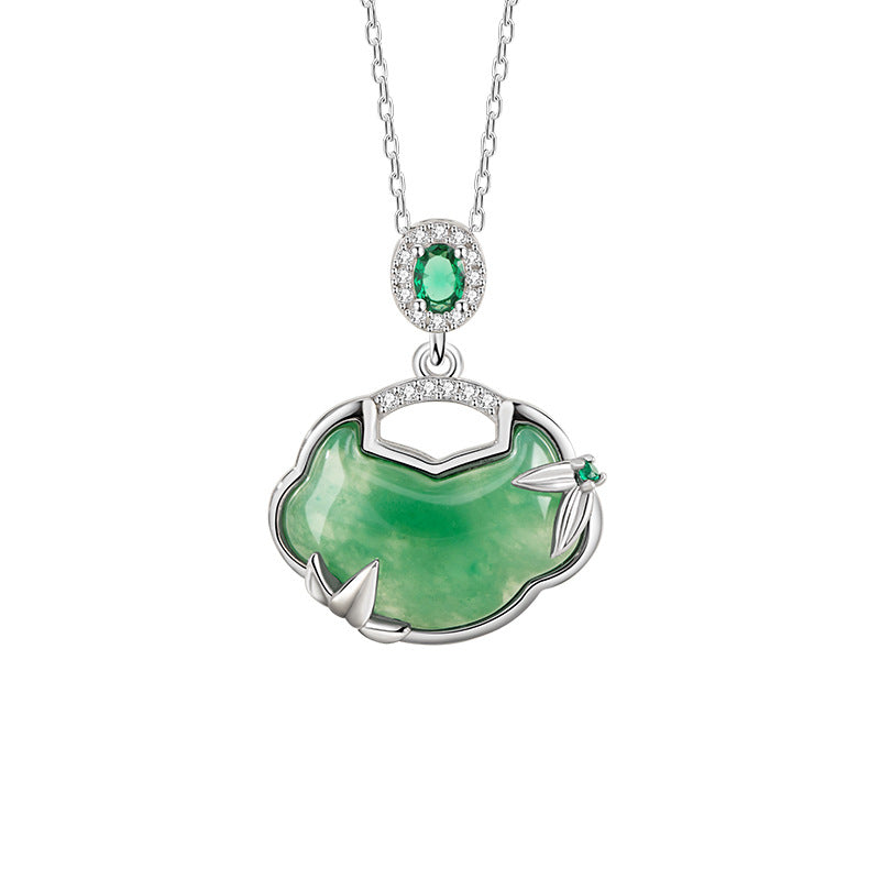 Xiangyun Ruyi Lock Sterling Silver 925 Necklace Women's New Chinese Style Natural African Emerald Bamboo Clavicle Chain Safety Lock Pendant