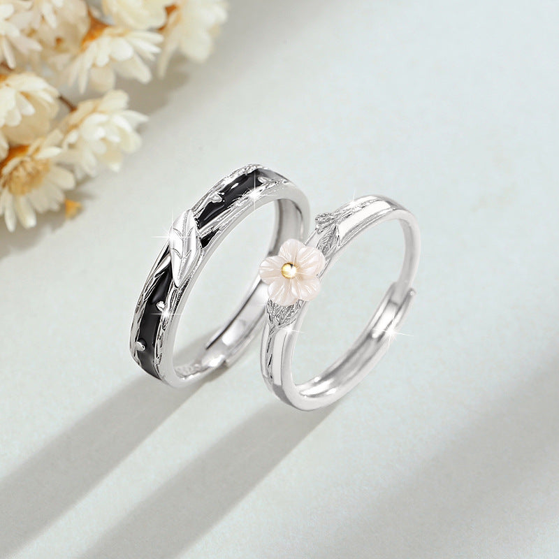 Flower Sterling Silver 925 Couple Ring Men and Women Niche Design Light Luxury Leaf Ring Thing Ins Cherry Blossom Ring