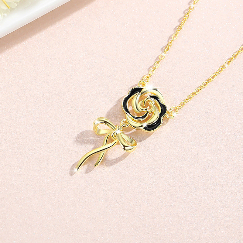 Rose Sterling Silver 925 Necklace Female Niche Design Light Luxury Bow Clavicle Chain Ins Style Flower Pendant