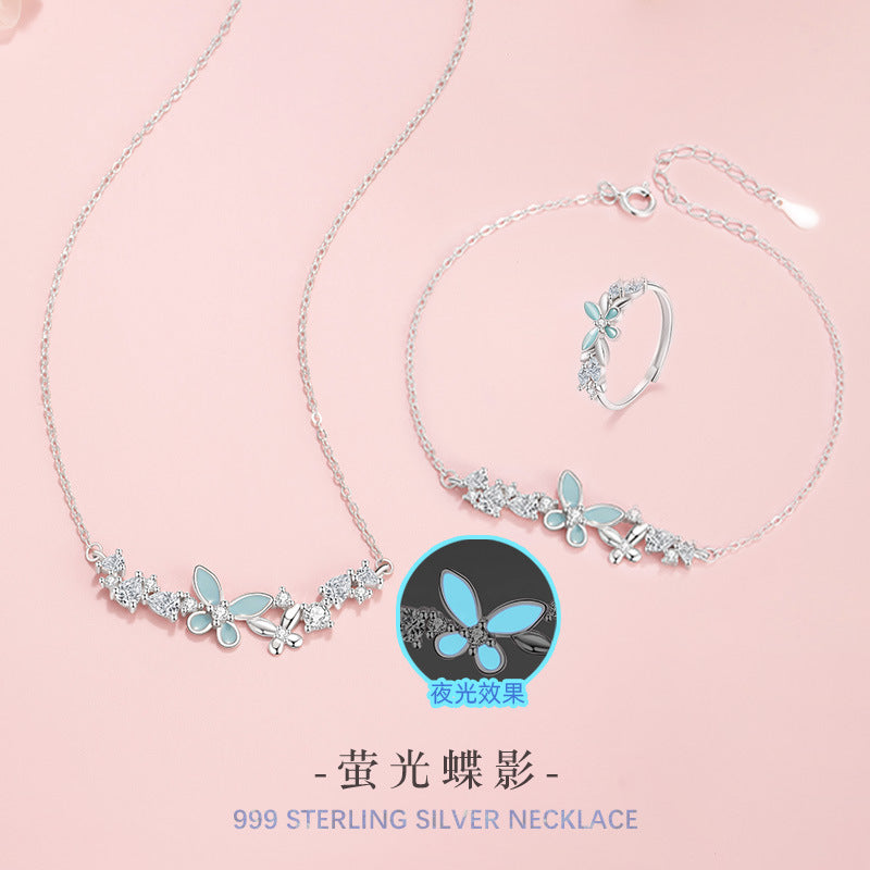 Butterfly Pure Silver 999 Luminous Necklace Female Niche Design Light Luxury Zircon Clavicle Chain Ins Style Star Pendant