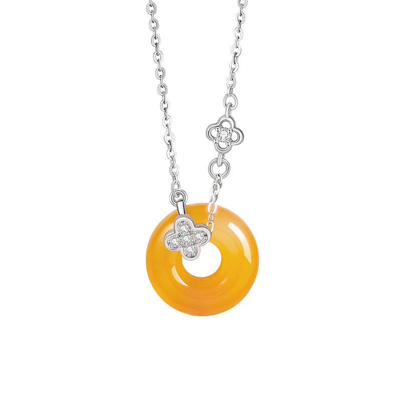 Lucky Clover Sterling Silver 925 Necklace Women's Light Luxury Sugar Onyx Peace Buckle Clavicle Chain Flower Pendant