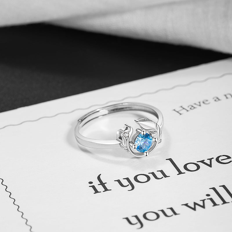 Yu You Accompany Sterling Silver 925 Ring Female Niche Design Light Luxury Blue Zircon Ring Ins Style Feather Ring
