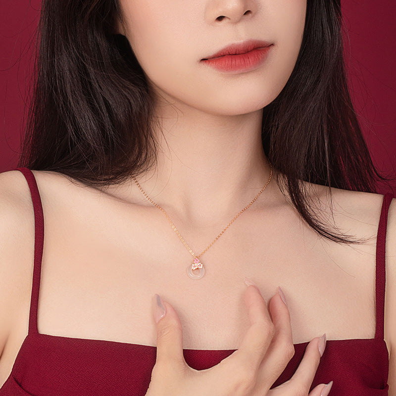Cherry Blossom Sterling Silver 925 Chalcedony Necklace Female Niche Design Light Luxury Flower Clavicle Chain Ins Style Safety Buckle Pendant