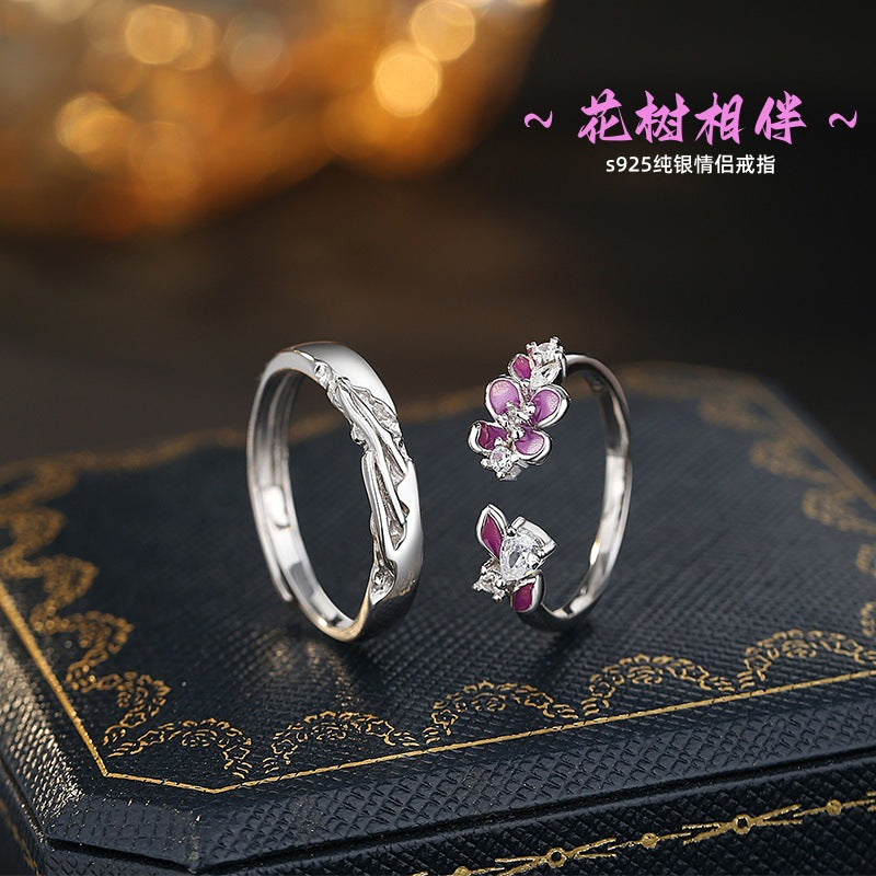 Original S925 Sterling Silver Couple Ring National Style Enamel Oil Dripping Craft Valentine's Day for Girlfriend Light Luxury Silver Jewelry Wholesale