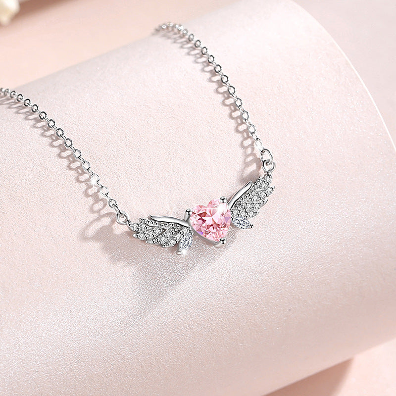 Sterling Silver Angel Wing Necklace – Pink Zircon