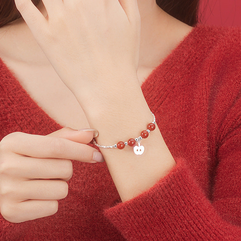 Women's Two Sterling Silver 925 Bracelet with Broken Silver, Light Luxury, High-Grade Christmas Eve Apple Bracelet, Red Agate Christmas Bracelet
