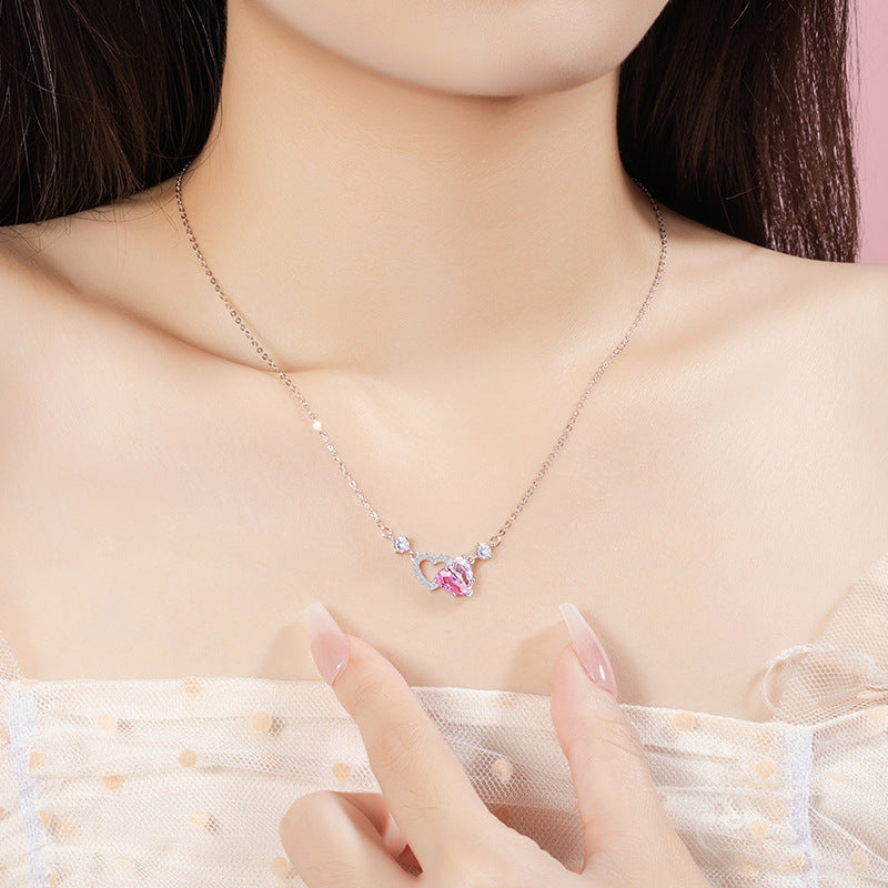 Heart-to-Heart Printed Sterling Silver 925 Necklace Female Niche Design Light Luxury Pink Diamond Clavicle Chain Ins Style Love Pendant