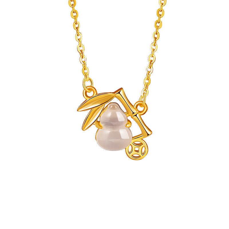 Light Luxury Niche Design Sense S925 Sterling Silver Gourd Pendant White Chalcedony Fu Lu Festival High Clavicle Chain Workplace Commuter