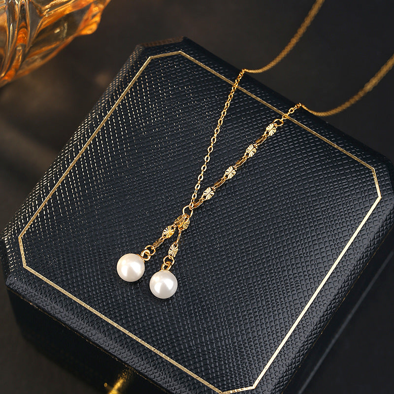 New S925 Sterling Silver Necklace Women's Light Luxury Beading Tassel Elegant Gentle Clavicle Chain Simple Commuter Pearl Pendant