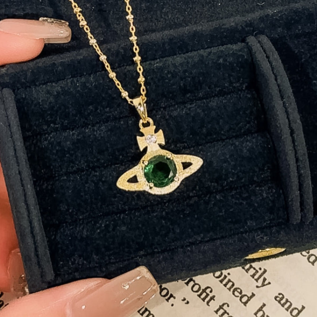 Fantasy Planet Sterling Silver 925 Necklace Light Luxury High-Grade Emerald Saturn Clavicle Chain Ins Brushed Star Pendant