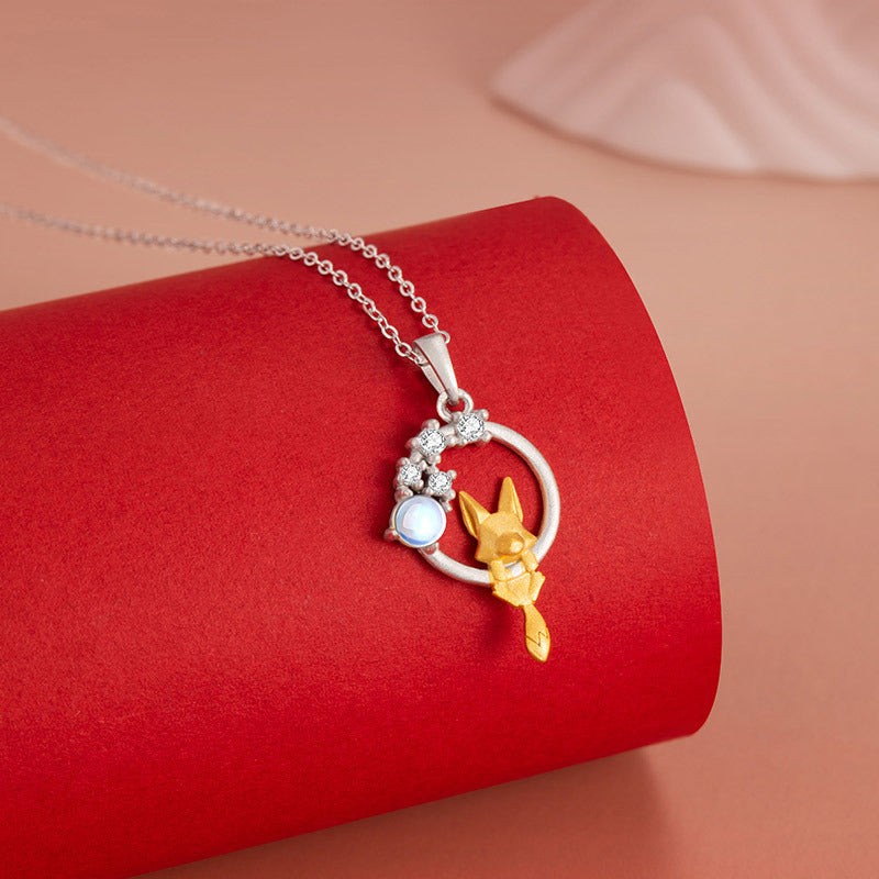 Sterling Silver Fox and Flower Necklace – Glass Detail