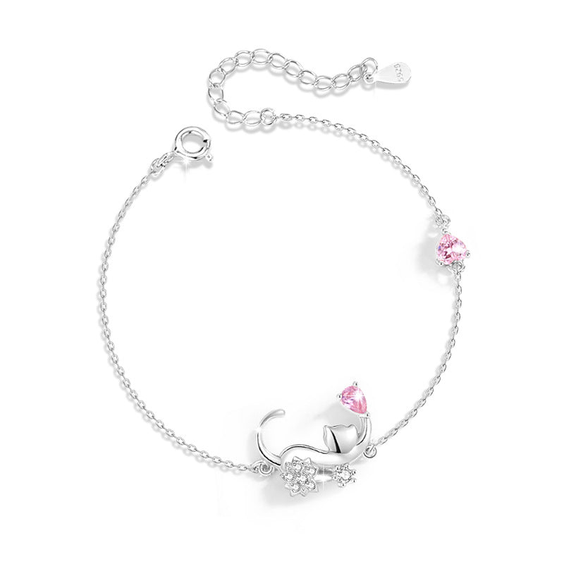 Cute Cat Sterling Silver 925 Bracelet Female Niche Design Light Luxury Pink Diamond Bracelet Valentine's Day Gift Ins Cat Bracelet
