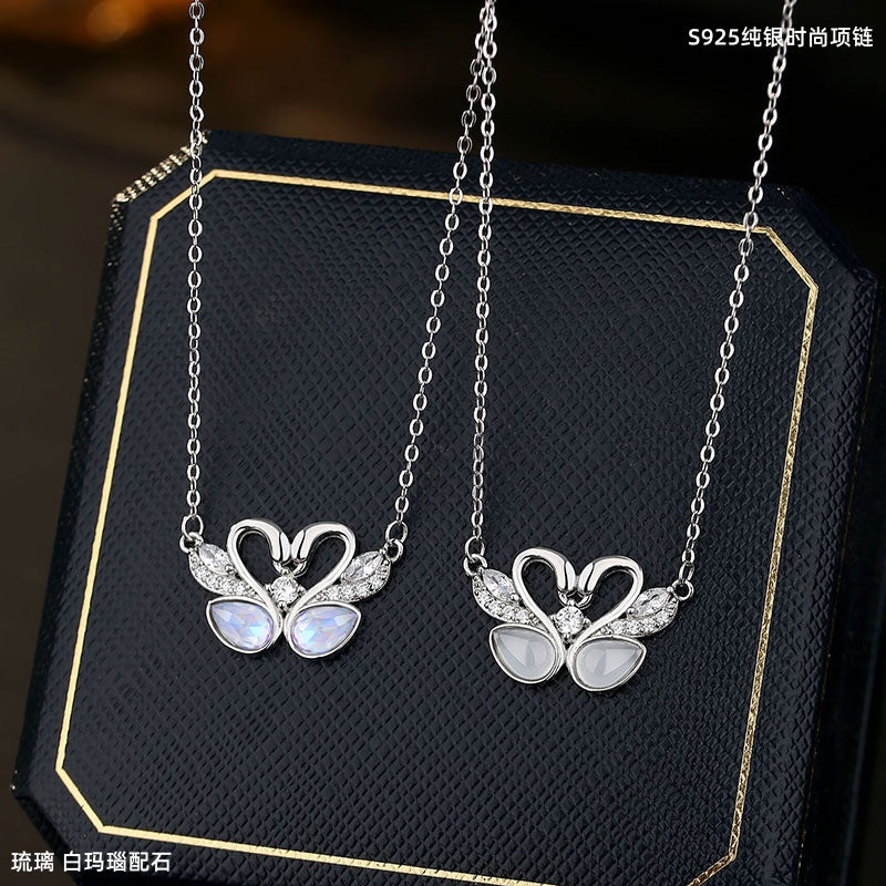S925 Sterling Silver Natural White Agate Necklace Female Niche Design Sense Korean Gentle Style Clavicle Chain Double Swan Pendant