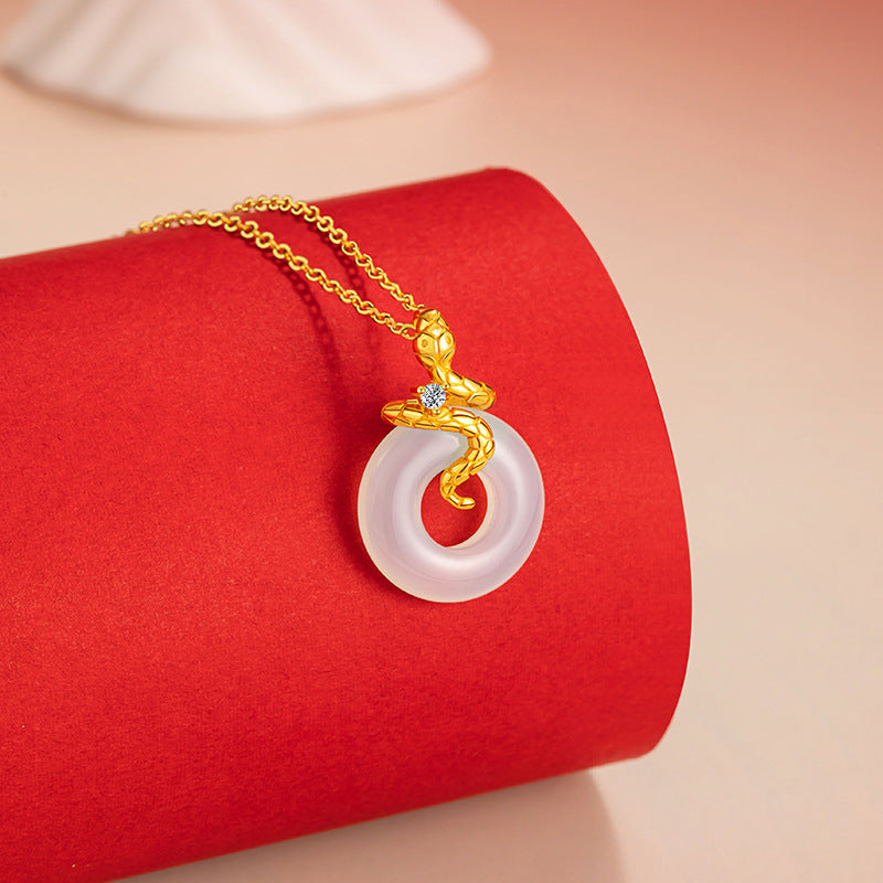 Fuyun Cute Snake Sterling Silver 925 Chalcedony Necklace National Fashion Birth Year Safety Buckle Clavicle Chain Ins Style Zodiac Pendant
