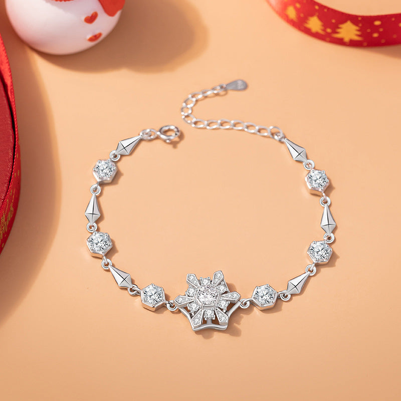 Snowflake Sterling Silver 925 Rotating Bracelet Women's Light Luxury High-Grade Christmas Zircon Bracelet Ins Style Star Bracelet