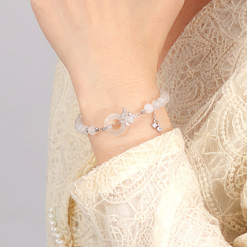 Sterling Silver Disc and Butterfly Bracelet – Chalcedony