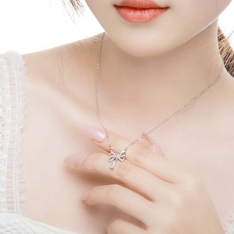Bowknot Sterling Silver 925 Necklace Female Niche Design Light Luxury Pink Diamond Clavicle Chain Get Things Ins Style Love Pendant