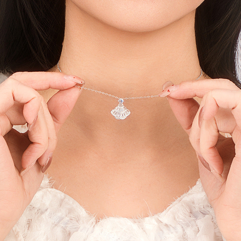 S925 Sterling Silver Necklace Women's Light Luxury Full Diamond Fan-Shaped Pendant Internet Celebrity Same Style Shining Skirt Silver Jewelry Wholesale for Girlfriend