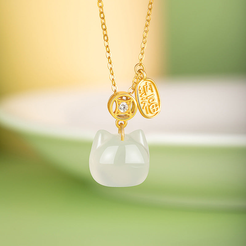 Lucky White Chalcedony Kitten Pendant S925 Silver Necklace Female High-Grade Mori Niche Clavicle Chain Gift Female