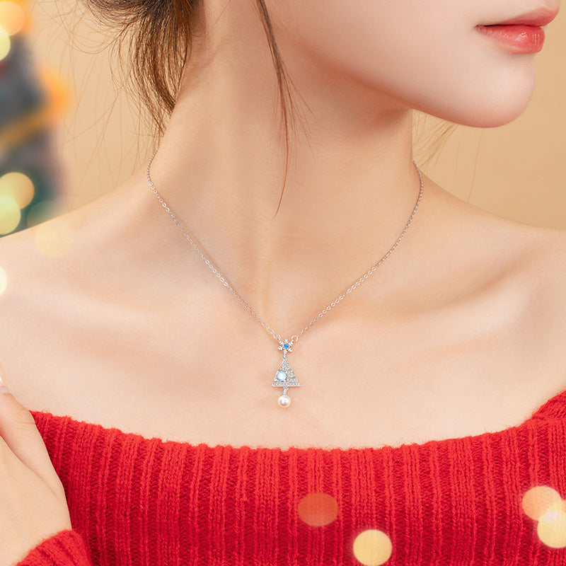Sterling Silver Christmas Tree and Snowflake Necklace – Pearl Detail