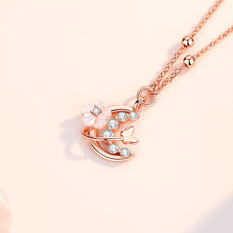 Flowers like Brocade Sterling Silver 925 Necklace Light Luxury Sweet Peach Blossom Shell Clavicle Chain Ins High-Grade Butterfly Pendant