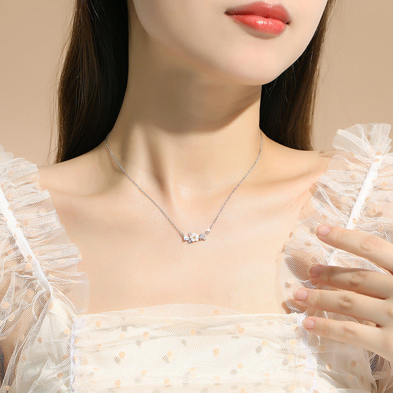 Cherry Blossom Sterling Silver 925 Necklace Women's Fashion All-Match Butterfly Zircon Clavicle Chain, INS Style Flower Pendant