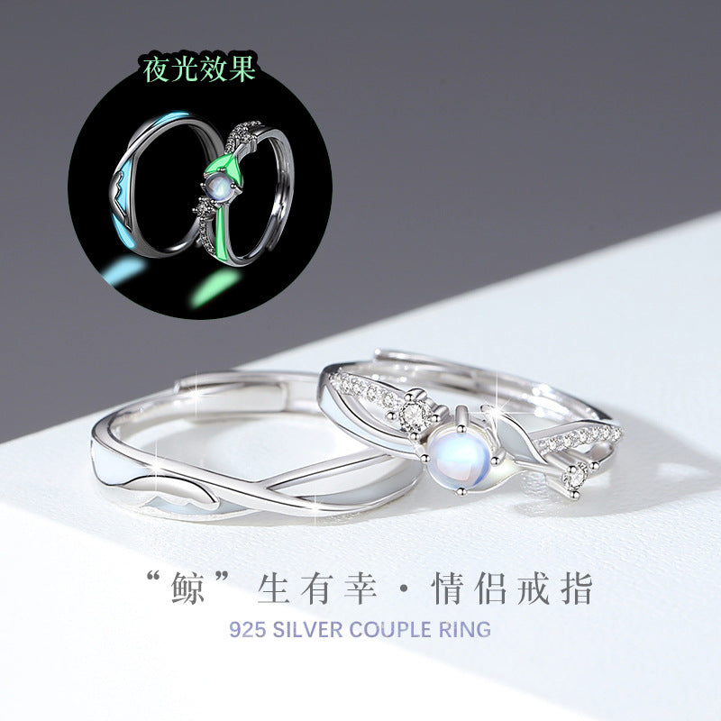 This Life Has You Sterling Silver 925 Luminous Couple Ring Men's and Women's Light Luxury Whale Plain Ring Thing Ins Fishtail Pair Ring