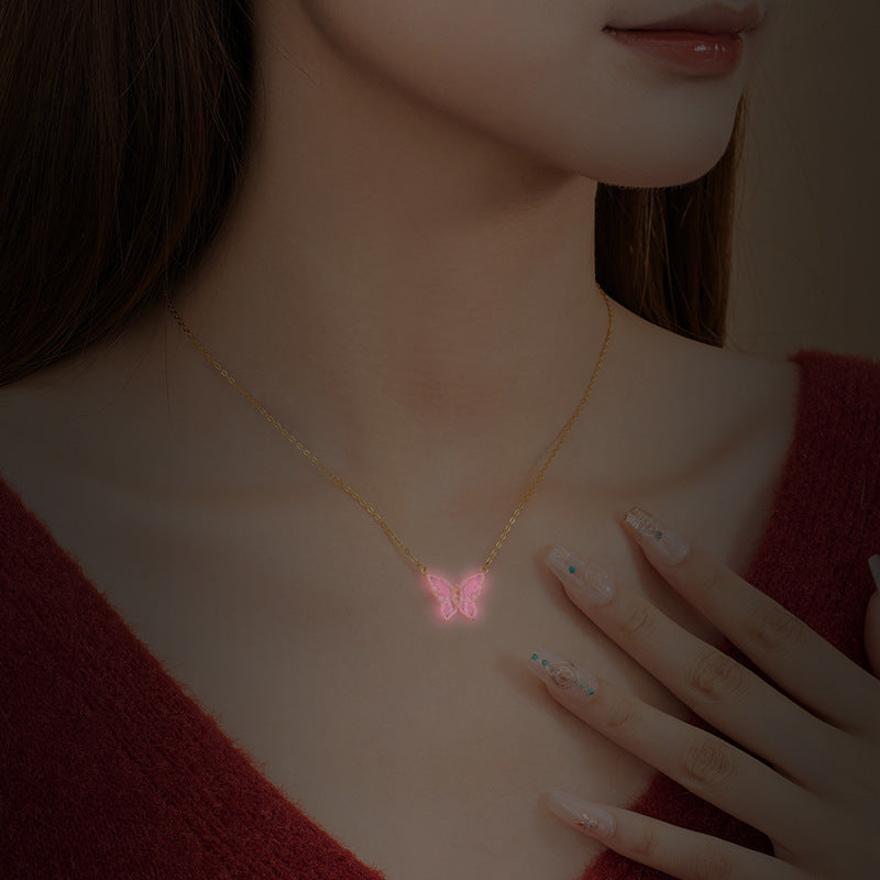 Luminous Butterfly S925 Sterling Silver Necklace Female Pink Purple Enamel Light Luxury Diamond-Embedded Clavicle Chain Dream Light Shadow Girl Style