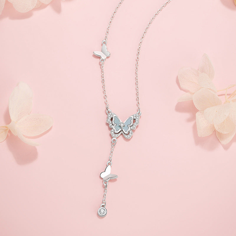 Butterfly Pure Silver 999 Luminous Necklace Female Cute Sweet Style Tassel Clavicle Chain Small Red Book Same Zircon Pendant