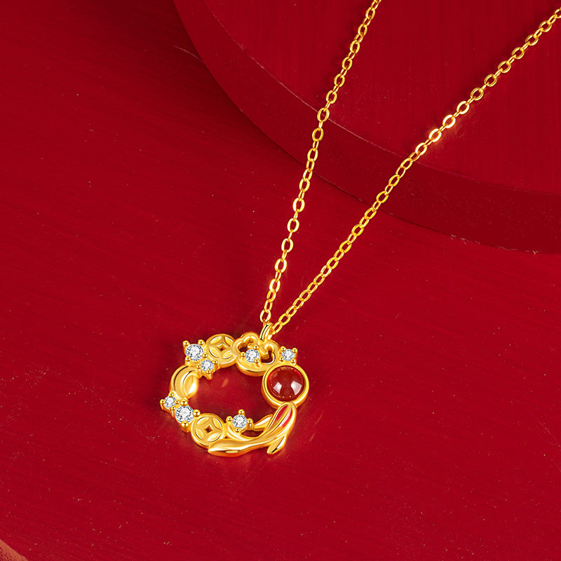 Lucky Koi Fish Sterling Silver 925 Necklace Female New Chinese Red Agate Copper Coin Ashore Clavicle Chain Ins Ruyi Pendant