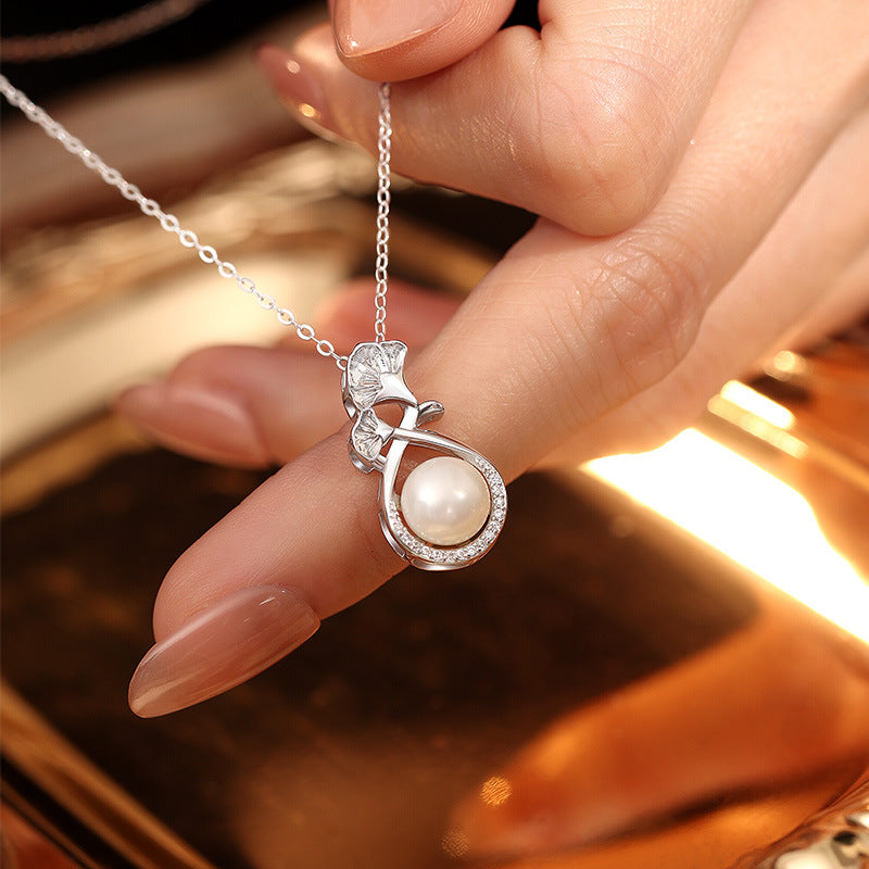 S925 Sterling Silver Necklace Women's National Style Flower Freshwater Pearl Pendant Light Luxury Clavicle Chain Mother's Day Silver Jewelry Gift